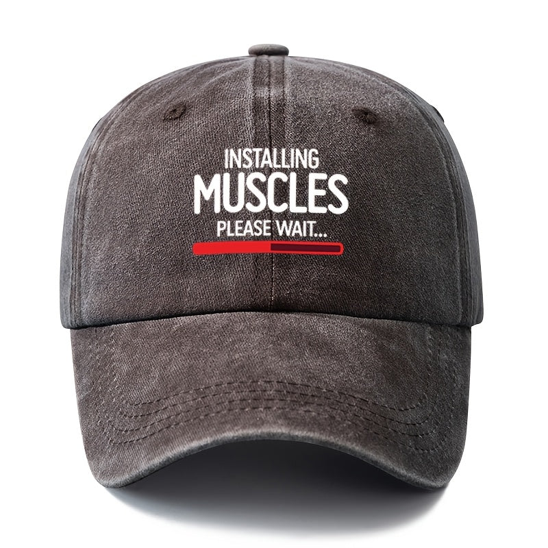 A Unisex Fashionable and Versatile Printed "MUSCLES" Baseball Cap, Featuring a Classic Vintage Washed Outdoor Lightweight Curved Brim. This Trucker Baseball Cap Is Suitable for Casual Occasions Such as Outdoor Vacations, Travel, and Camping. It Also