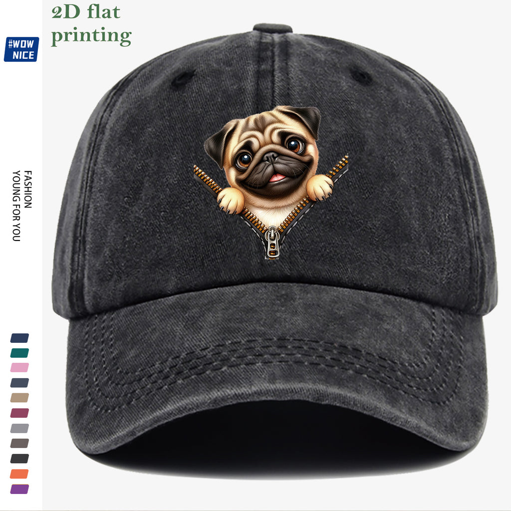 1pc Pug Zipper Print Baseball Cap, Cute Animal Pattern Headwear, Fashionable and Versatile Hat Accessory, Unisex Street Style Hat with Adjustable Size, Slimming and Face-Shaping, Suitable for Daily Outings, Parties, Dates, Shopping, Outings