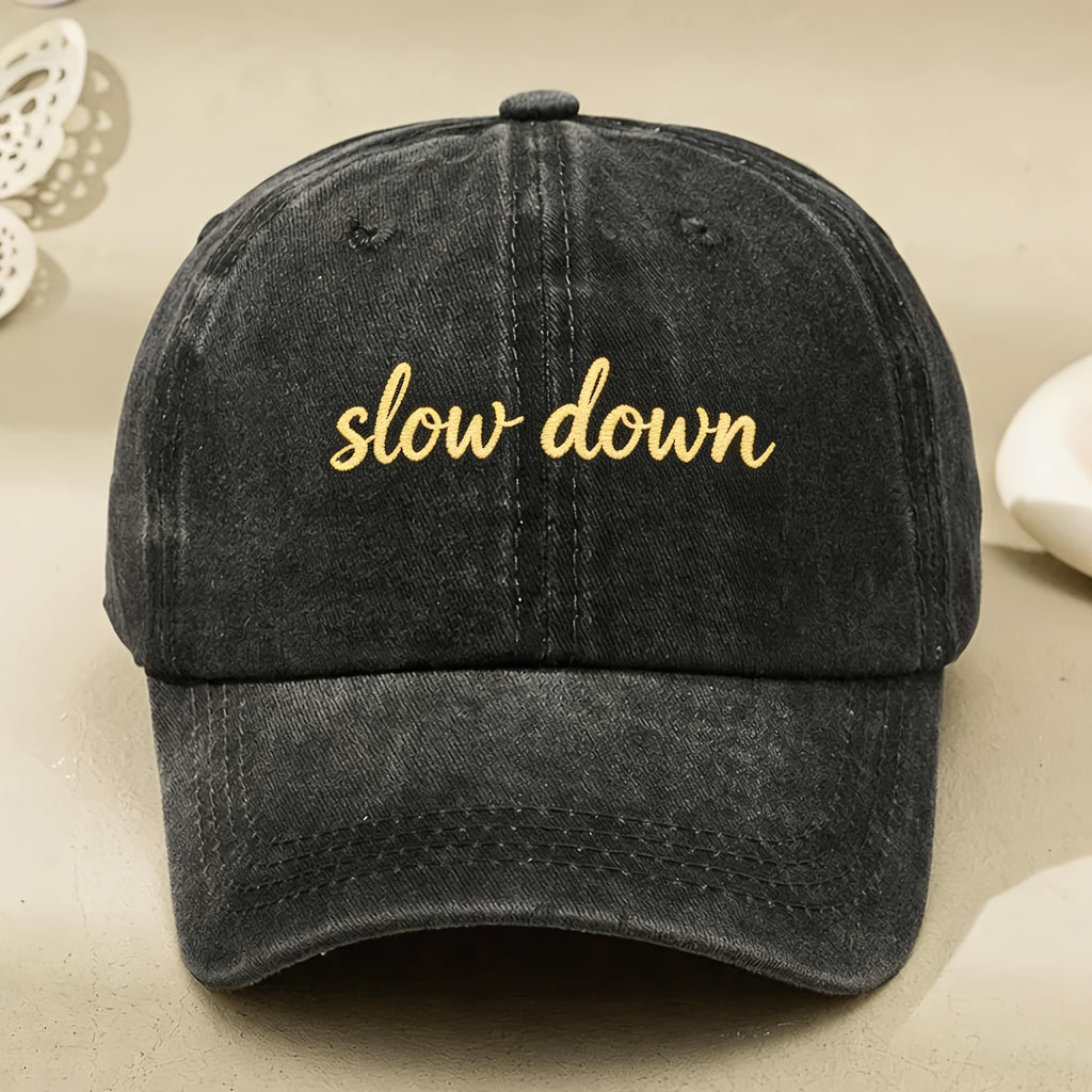 Slow Down Embroidered Vintage Washed Baseball Cap for Men Women Casual Street Relax Vibes Anniversary Gift
