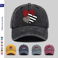 A Washed Baseball Cap with Iron-on Transfer Designs of Red Hearts, Black Striped Hearts, Leopard Print Hearts, and Crossed Hearts. It Features a New Autumn/winter Vintage Style, Is Unisex, Adjustable in Size, Lightweight, and Suitable for Outdoor Use