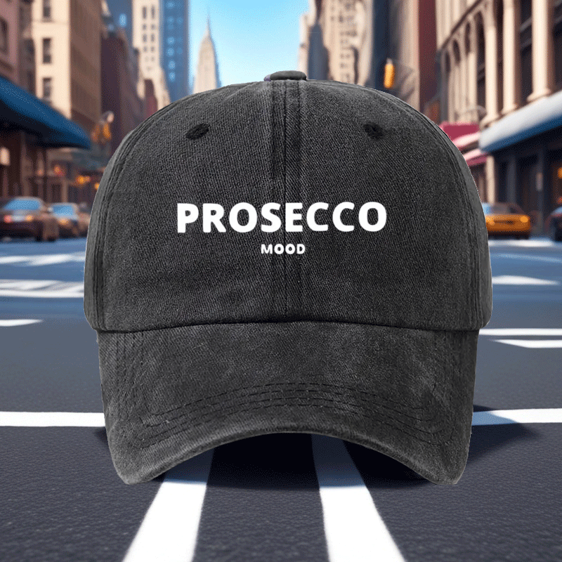 Adjustable Vintage Washed Baseball Cap with Prosecco Mood Print | Breathable Dad Hat for Men & Women, Casual Vacation Headwear, Comfortable Fit Cap | Polyester, Woven, Hand Wash Care