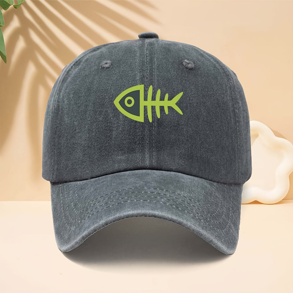 Men' & Women' Fluorescent Green Fishbone Print Trucker Hat - Adjustable Snapback Cap with Curved Brim, Soft Top Suitable for All- Outdoor, Travel, Parties, Casual Wear - Unisex Baseball Cap for Fishing Trips and Daily Use