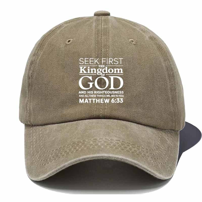 Verse Baseball Cap with Matthew 6:33 Scripture - Faith Hat for Church, Worship & Study, Inspirational Religious Gift For, Soft Comfortable Textile Cap (Black/Dark Grey/Navy/Tan/Green)