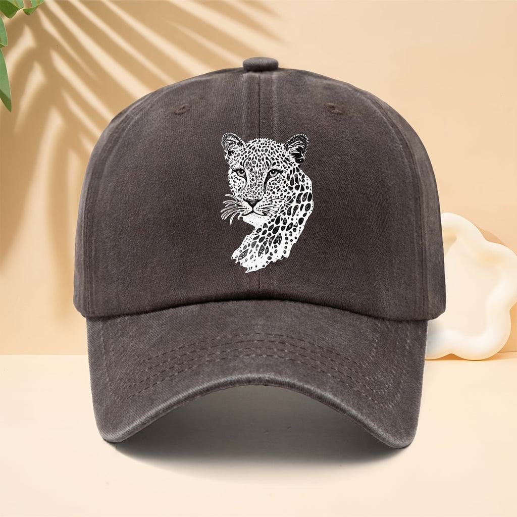 A Trendy Baseball Cap with a Black and White Leopard Head Illustration Print, Featuring a Soft Crown and Curved Brim. This Classic Snapback Hat Is an Adjustable Casual Cap Suitable for All Seasons. It's a Six-panel Trucker Hat, a Matching Couple's