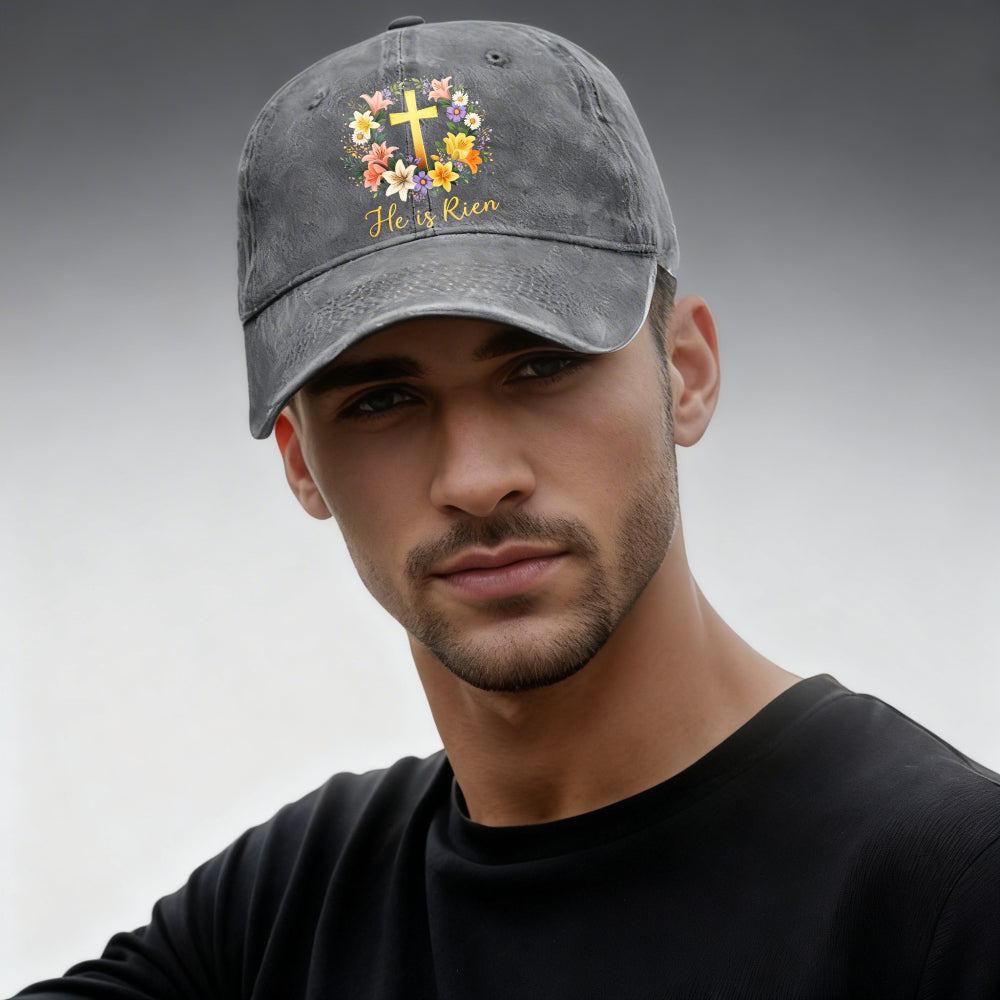 Unisex Baseball Cap, "He Is Risen" Christian Baseball Cap, Adorned with Wildflowers And Scripture - Adjustable, Breathable, Vintage Religious Cap, Suitable for Church, Easter Gift, Everyday Wear, Machine Washable, All-Season Casual Hat