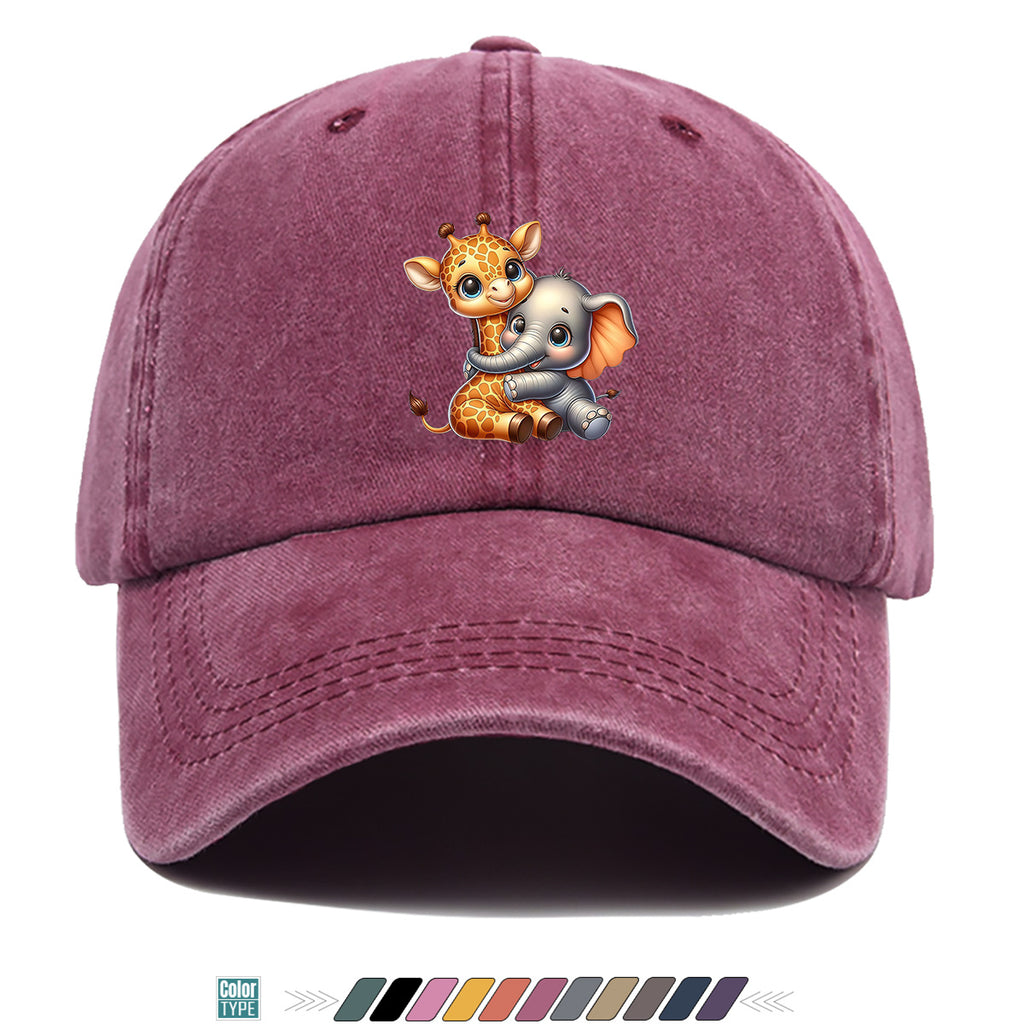 1pc Cartoon Giraffe and Baby Elephant Hugging Print Baseball Cap, Cute Animal Pattern Sun Hat, Stylish Casual Versatile Unisex Adjustable Snapback Cap, Outing Hat, Bestie Shopping Hat, Outdoor Picnic Hat, Amusement Park Hat, Birthday Holiday Gift