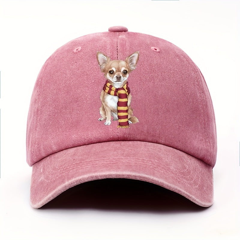 Cute Chihuahua & Scarf Print Vintage Washed Baseball Cap - Adjustable Snapback, Lightweight All-Season Outdoor Casual Hat, for New Year Celebrations, Accessory, Soft Texture, Seasonal Accessory, Playful Design, Hand Washable, Fashion Accessory