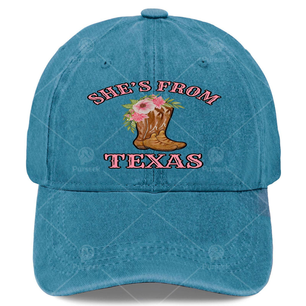 Originating from Texas, She Sports Cowgirl Boots Paired with a Floral Baseball in a Unisex, Vintage Style