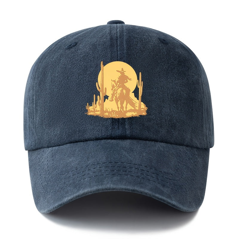 A Unisex Fashionable and Versatile Printed Desert Horseback Riding Hero Baseball Cap, Featuring a Classic Vintage Washed Outdoor Lightweight Curved Brim. This Trucker Baseball Cap Is Suitable for Casual Occasions Such as Outdoor Vacations