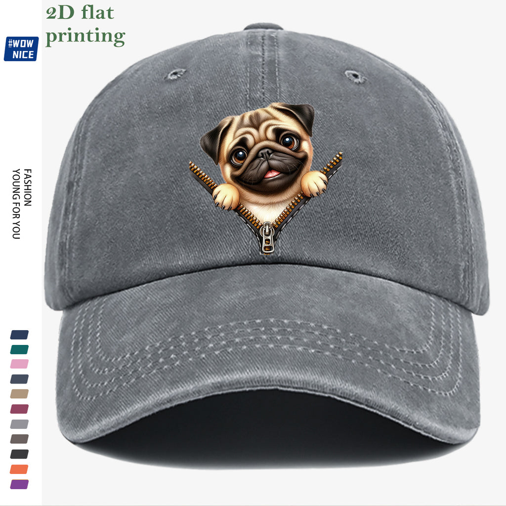 1pc Pug Zipper Print Baseball Cap, Cute Animal Pattern Headwear, Fashionable and Versatile Hat Accessory, Unisex Street Style Hat with Adjustable Size, Slimming and Face-Shaping, Suitable for Daily Outings, Parties, Dates, Shopping, Outings