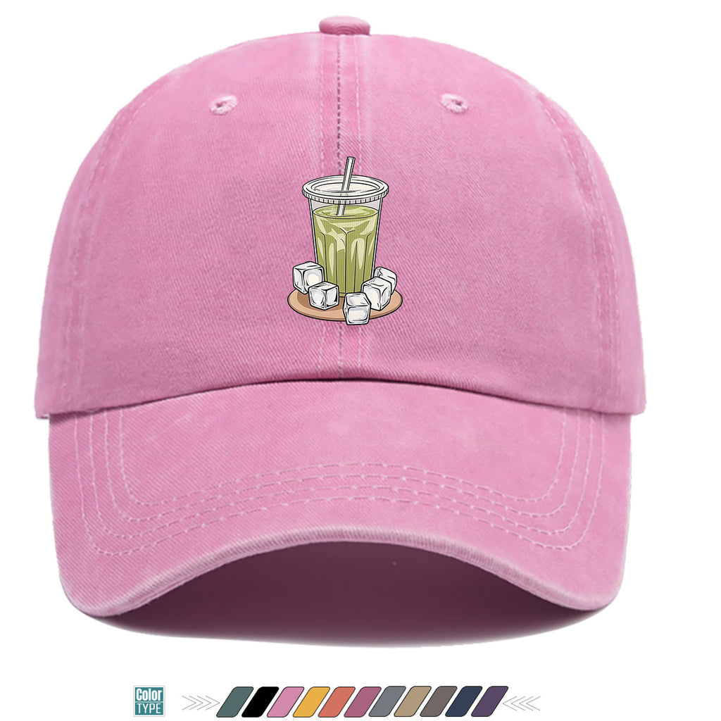 1pc Teal Green Beverage Print Baseball Cap, Featuring a Cup with a Straw, Ice Cubes Scattered Near the Cup, and a Colorful Striped Background. A Stylish and Casual Sun Hat, Unisex and Adjustable. Suitable for Street Trendsetters, Coffee Lovers