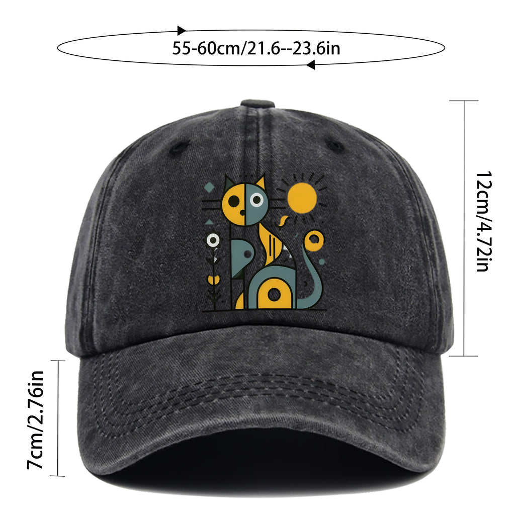 1 Abstract Cat and Sun Pattern Printed Baseball Cap, Unisex Design, Available in Multiple Colors, Papa Cap Is Comfortable, Lightweight, Washable, Vintage Style, American Street Skateboard Cap, Vintage Accessory, Exquisite Gift for Women, Fun and Cute