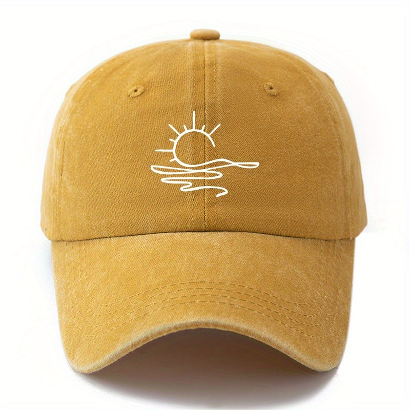 One Size Fits Most Washed Printing Sun Pattern Baseball Cap, Fashionable Curved Brim Hat, Suitable for Outdoor Vacation Travel Camping Leisure Occasions, Truck Driver Baseball Cap