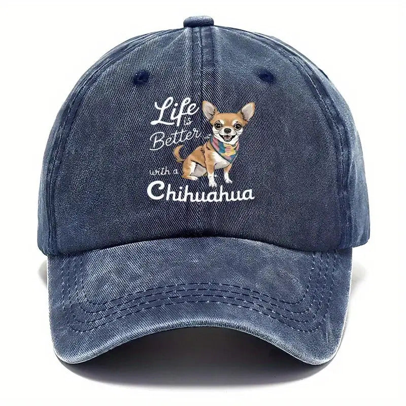 Adjustable "with Chihuahua Life Is Better"  Cap- Breathable Lightweight Viscose Fabric, Hand Wash Only, Suitable for Outdoor Sports and Casual Wear