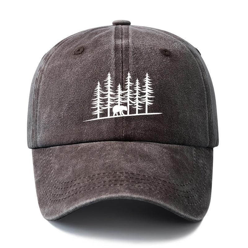 Unisex, Fashionable And Versatile Baseball Cap with Pine Forest And Grizzly Bear Print, Classic Retro Washed Outdoor Lightweight Curved Brim Cap, Suitable for Outdoor Vacations, Travel, Camping, And Other Casual Occasions, Hip-Hop Style Cap