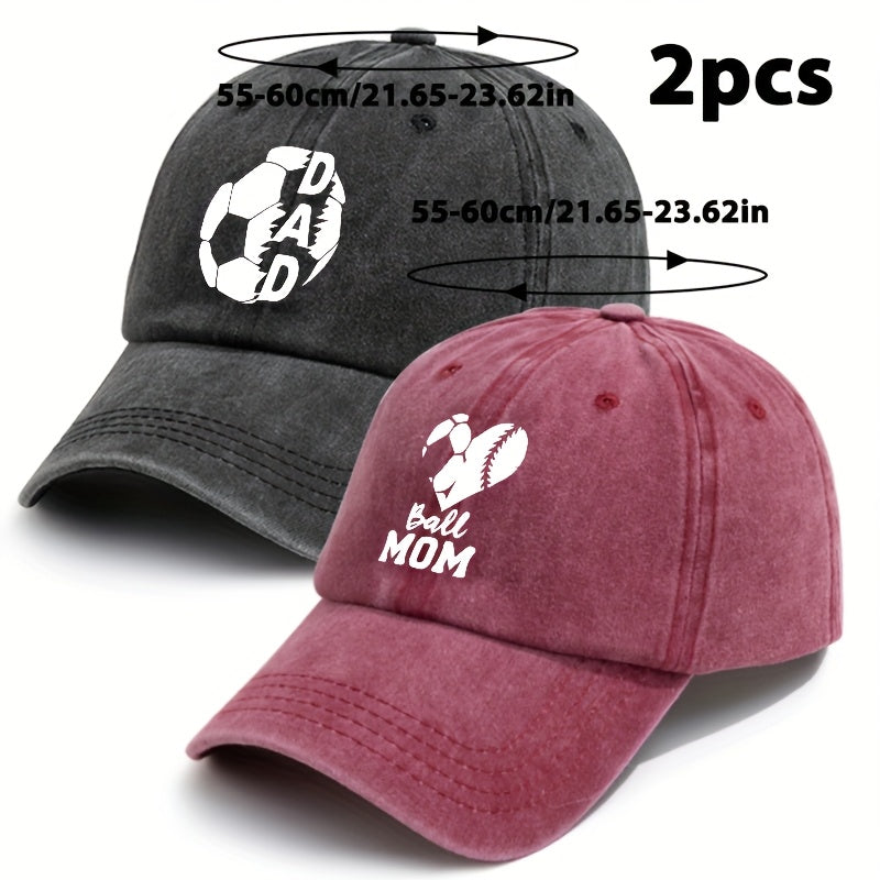 Parents' 2pcs Printed Football Heart-shaped Letter Vintage Soft-top Baseball Cap, Adjustable Style, Suitable for Daily Wear in All Seasons, an Essential Fashion Hat for Outdoor Sports, Fishing, and Camping