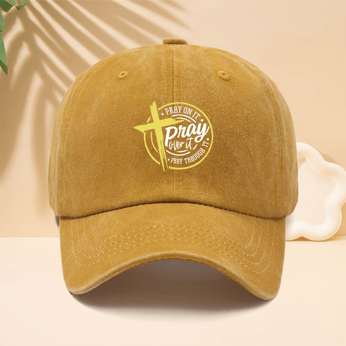 Yellow Cross Circle Pray Over It Pattern Printed Baseball Cap Reverent Retro Faith Design Style Curved Brim Hat for Walking, Gatherings, Dates, Shopping, Vacation, Travel