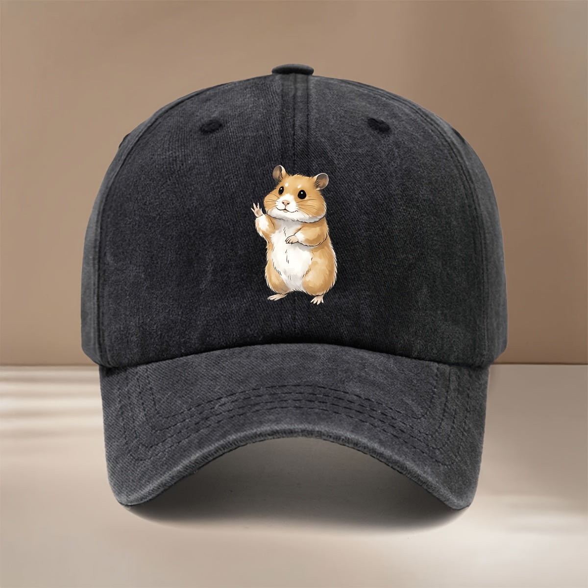 This Is a Baseball Cap with a Waving Hamster Print. It Features a Relaxed Fit, Adjustable Sizing, and a Simple, Trendy Curved Brim. Suitable for Both Men and Women, It Is a Versatile Six-panel Hat Perfect for Outdoor Sports, Dinners