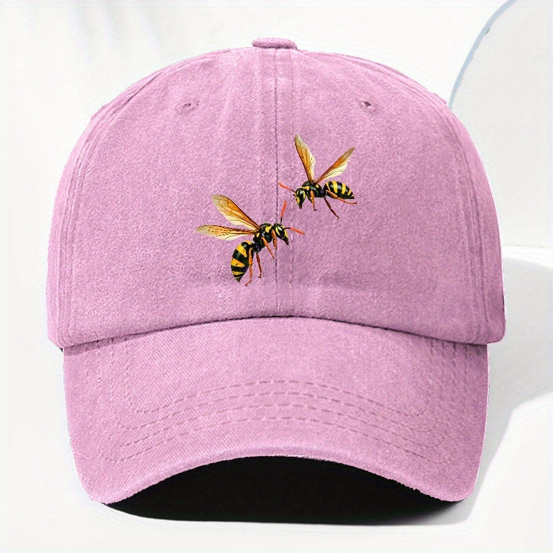 Unisex Bee Animal Print Washed Vintage Baseball Cap, Fashionable Sun Outdoor Hat for Men and Women, Adjustable Fit Trucker Hat Suitable for All Seasons and Daily Wear