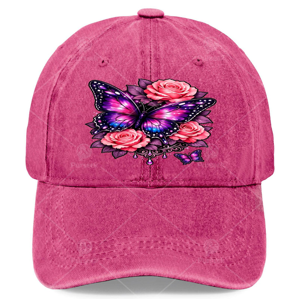 Men' & Women' Classic Baseball Cap with Butterfly & Purple Rose Print - Adjustable Pull-String Closure, Machine Washable Sporty Hat Suitable for Butterfly Enthusiasts, Casual Wear, Outdoor Activities, Gift