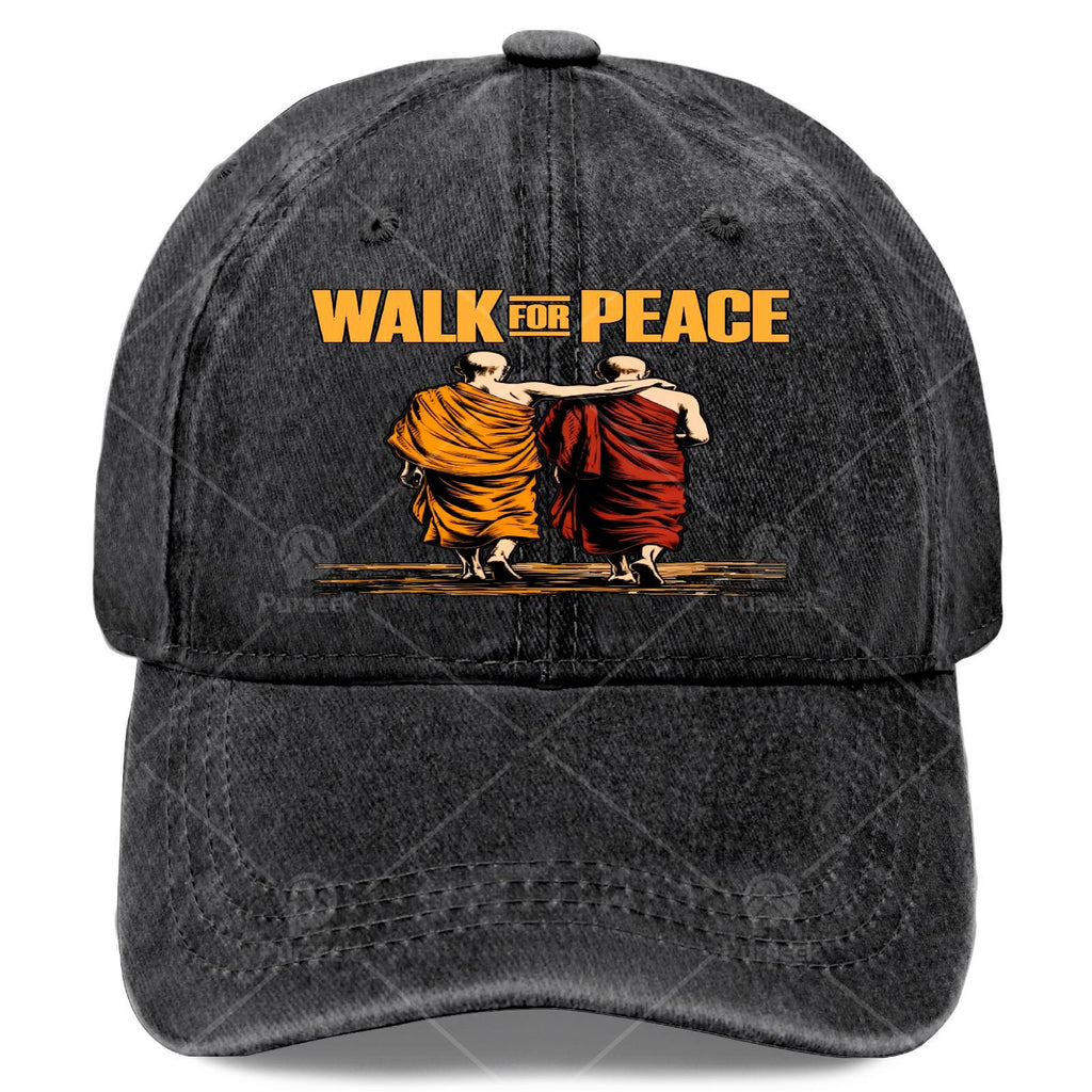 Unisex Vintage Washed Baseball Hat Featuring a Bold Quote about Walking for Peace with Monks