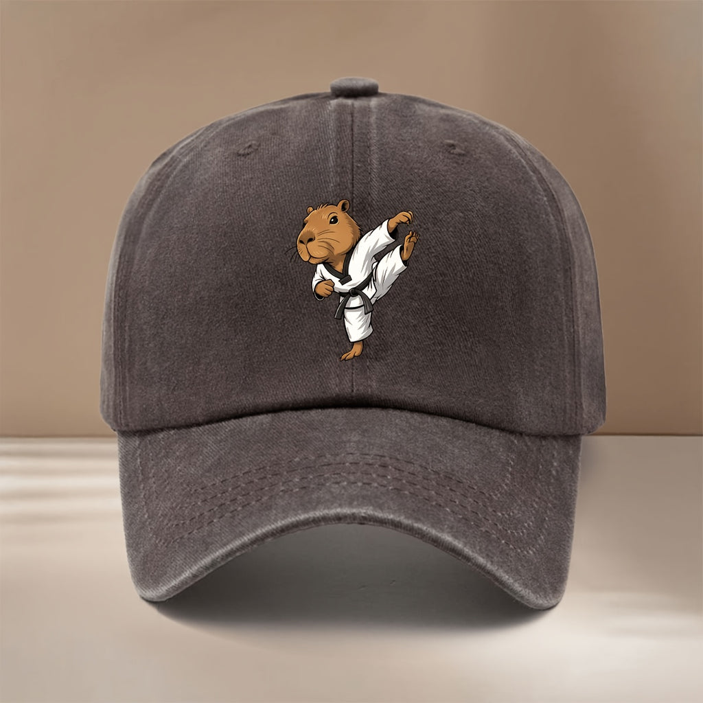 This Is a Comfortable And Stylish Baseball Cap Featuring a Capybara Design Related to Taekwondo. It Has an Adjustable Size, Suitable for Both Men And Women, And Is Lightweight And Trendy. Perfect for Outdoor Activities, Gatherings, And Camping