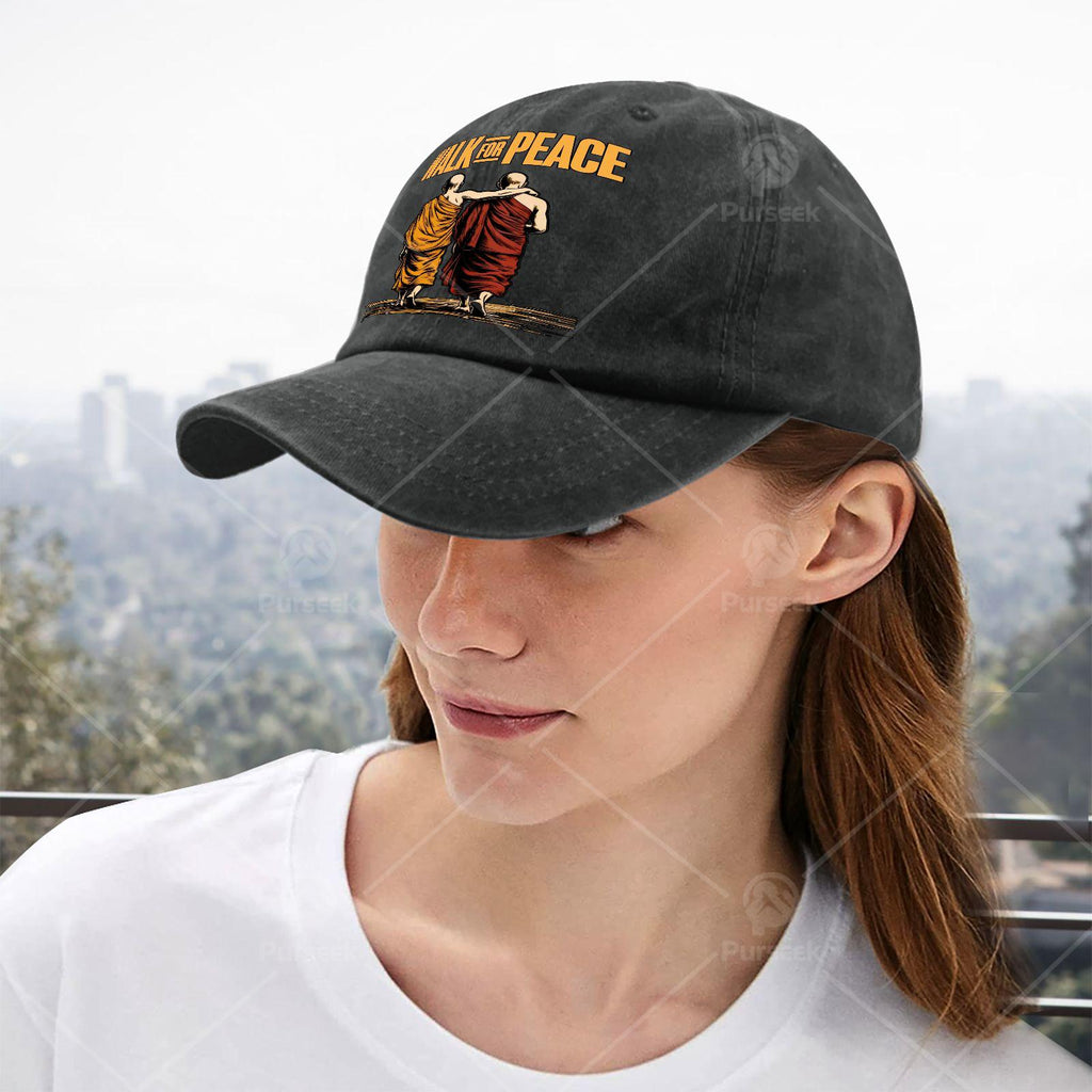 Unisex Vintage Washed Baseball Hat Featuring a Bold Quote about Walking for Peace with Monks