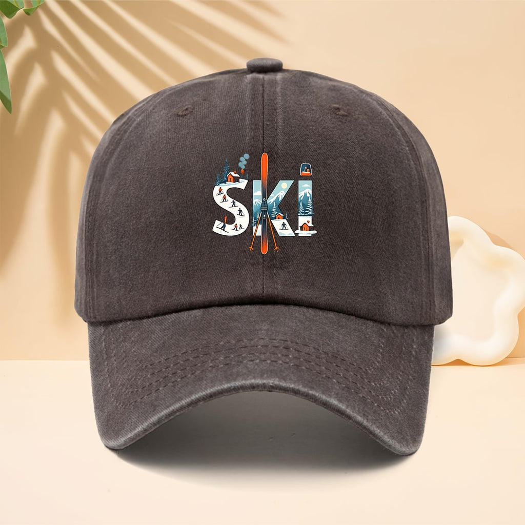 A Printed Baseball Cap with Ski-Related Elements And Patterns, Suitable for Outdoor Sports, a Six-Panel Hat for Men And Women, Couple'S Fashion, a Duckbill Cap with an Adjustable Soft Brim, Washed And Distressed Curved Brim Hat
