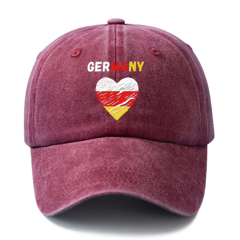 A Unisex Fashionable and Versatile Printed GERMANY Heart Baseball Cap, Featuring a Classic Vintage Washed Outdoor Lightweight Curved Brim. This Trucker Baseball Cap Is Suitable for Casual Occasions Such as Outdoor Vacations, Travel, and Camping