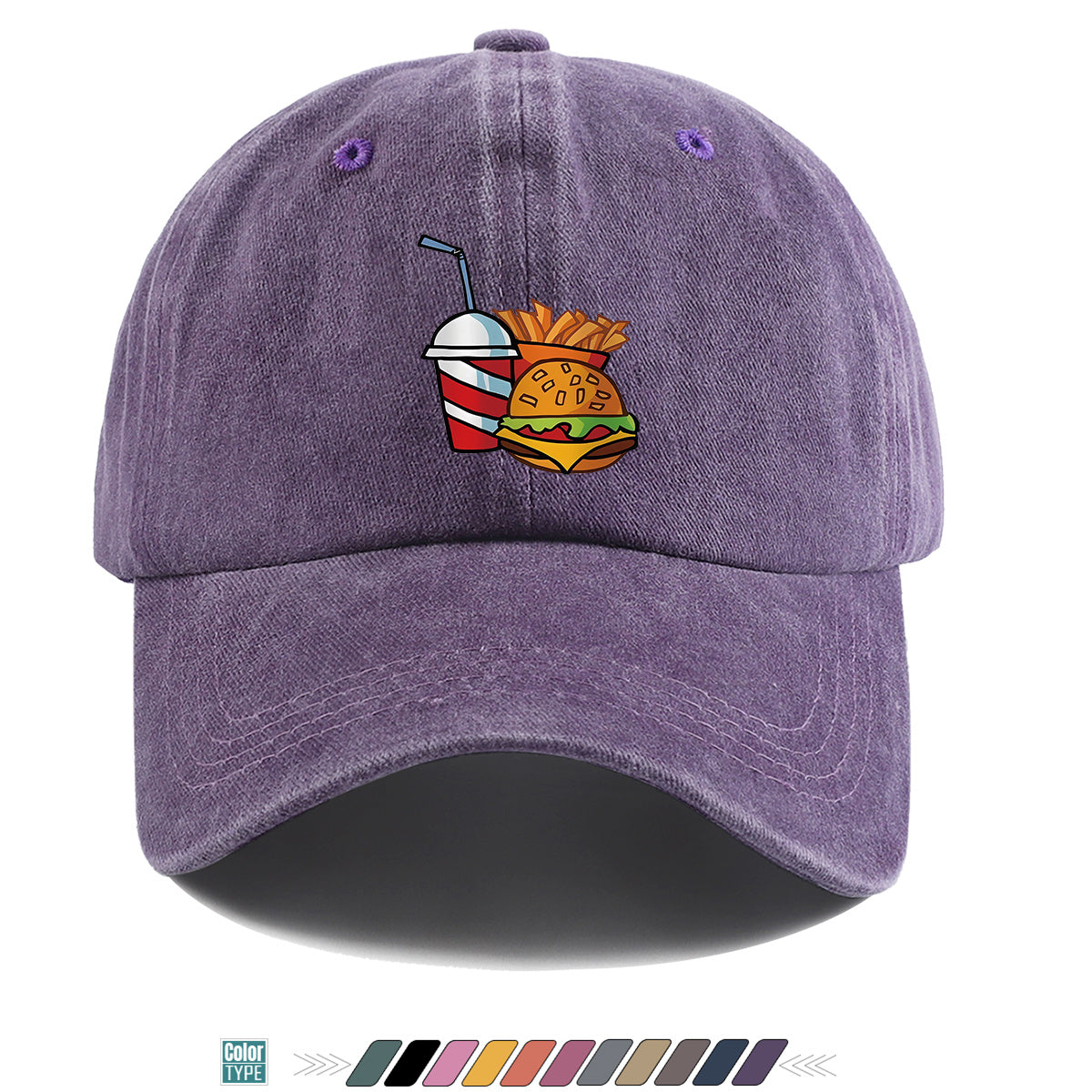 1pc Fast Food Theme Hamburger Fries Drink Print Baseball Cap, Fashion Trendy Sun Hat, Easy Personalized Design, Unisex Duckbill Cap, Adjustable Size, Street Style Hip-Hop Hat, Casual Sunshade Hat, Suitable for Shopping, Parties, Picnics, Travel