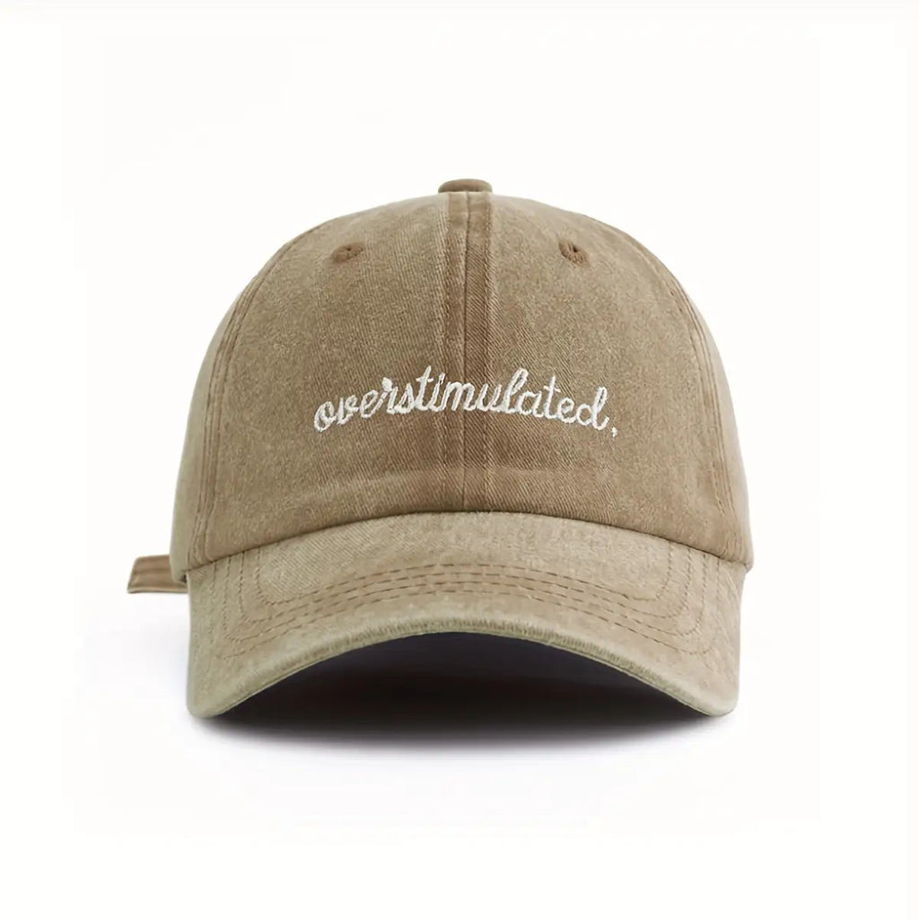 Overstimulated Embroidered Letter Women's Washed Baseball Cap, Fashionable Outdoor Retro Street Urban Style Unisex Baseball Cap Curved Brim Dad Hat Sun Hat Suitable for Vacation Beach Travel Cycling