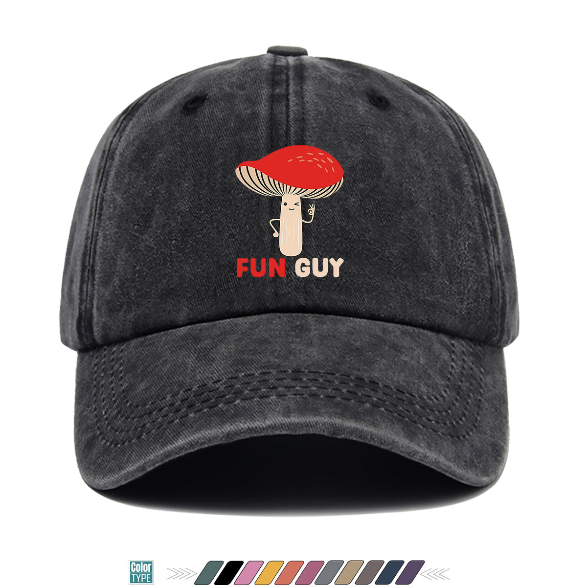 1pc FUN GUY Mushroom Print Baseball Cap with Winking V-Sign & Mushroom - Adjustable Unisex Hat Suitable for Outdoor, Parties, Travel, Picnic, Camping - Breathable Sun Hat for Men & Women, Creative Gift for Daily Wear and Birthdays