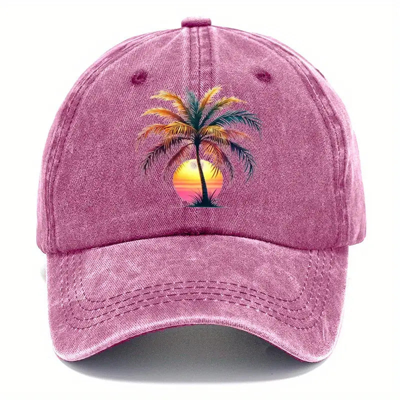 Men'S Cap Featuring a Sunset Palm Tree Design, Perfect for Casual Wear And Outdoor Activities at The Beach. This Stylish Baseball Hat Is Adjustable And Comes in Various Styles