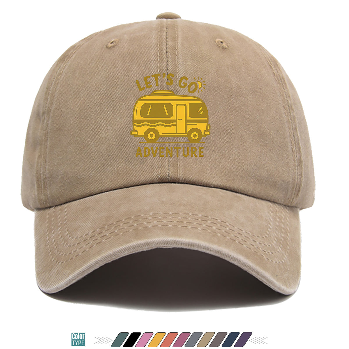 1pc "LET's GO ADVENTURE" Camper Van Print Baseball Cap, Vintage Yellow RV Pattern Sun Hat, Fashionable Casual Sun Hat, Unisex Adjustable Duckbill Cap for Outdoor Adventures, Road Trips, Camping Picnics, Weekend Outings, Park Strolls, Beach Vacations