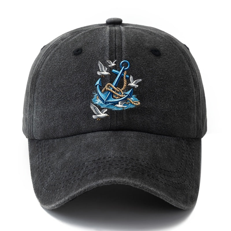 Unisex, Fashionable And Versatile Printed Nautical Anchor Baseball Cap, Classic Retro Washed Outdoor Lightweight Curved Brim Cap, Trucker Baseball Cap, Suitable for Outdoor Vacations, Travel, Camping, And Other Casual Occasions, Hip-Hop Style Cap