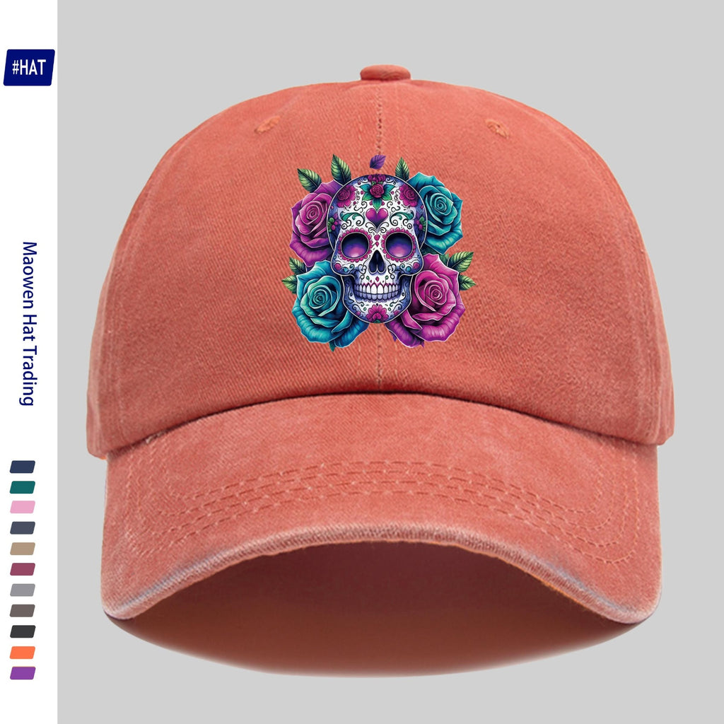 1pc Washed Baseball Cap, Festive Skull And Rose Pattern with Heat Transfer Design, New Halloween-Themed Autumn/Winter Distressed Baseball Cap, Unisex, Adjustable, Lightweight Outdoor Hat