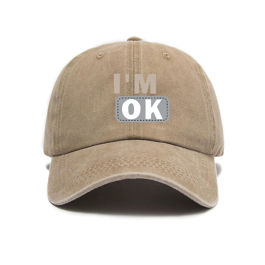 1 Washed Distressed Printed Baseball Cap for Adults, Simple "I'M OK" Letter Print, Washed Distressed Soft Top Sun Baseball Cap, Unisex Baseball Cap