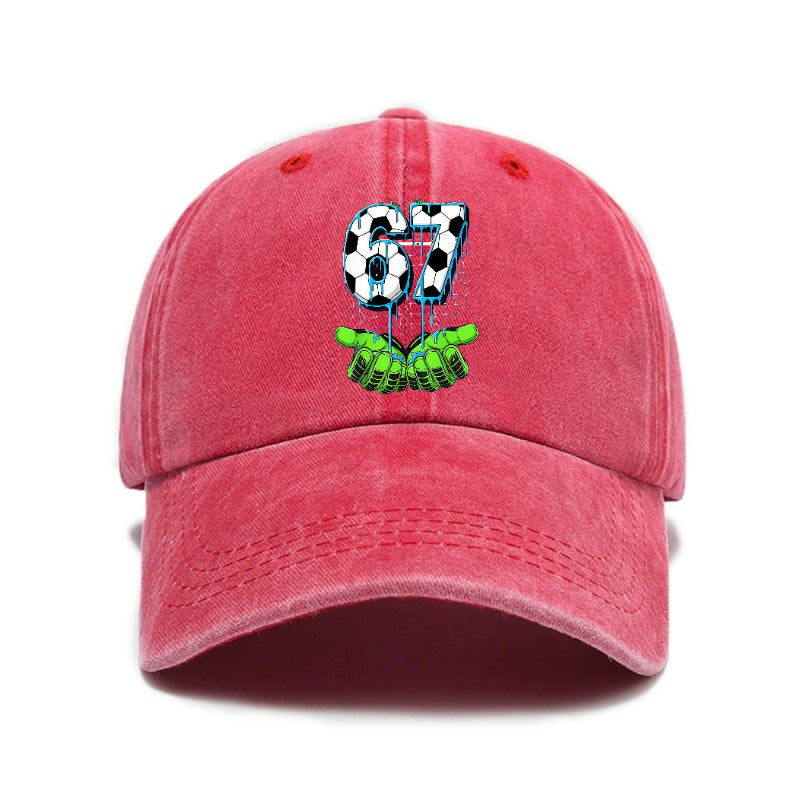 Fashionable Versatile Style 67 Number Print Washed Distressed Soft Top Sunshade Soft Top Baseball Cap Unisex Hat