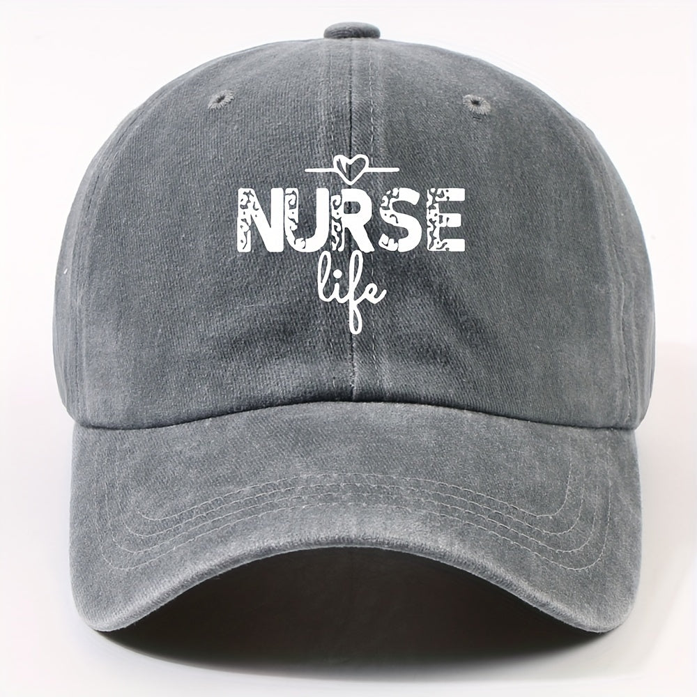 1 Fashion Nurse Letter Washed Baseball Cap Unisex Adjustable Brim Sun Hat Shopping Cycling Skateboarding Trendy Baseball Cap,  Casual Wear, Sporty Style, Geometric Pattern, Metal Buckle Closure, Durable Material, Unisex Headwear, Men And Women