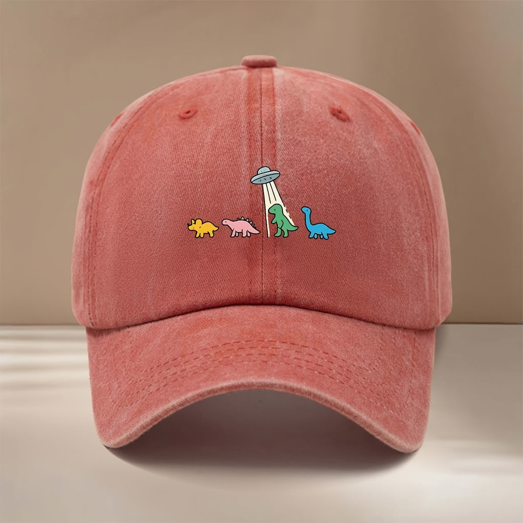 This Is a Baseball Cap with a Dinosaur and UFO Print, Suitable for All Seasons. It Features an Adjustable Size, a Curved Brim, and Is Unisex. The Hat Is Comfortable, Lightweight, and Can Be Worn for Outdoor Sports, Dinners, Camping, or as a  Fashion