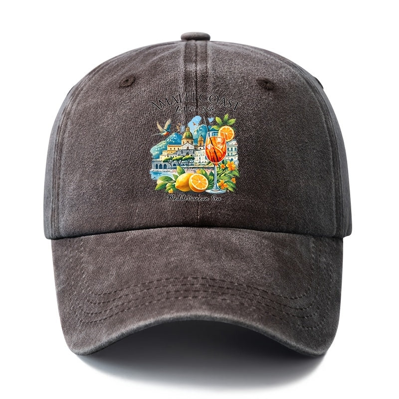 A Unisex Fashionable and Versatile Printed Baseball Cap Featuring the Italian Amalfi Coast. This Classic Vintage-washed Outdoor Lightweight Curved-brim Hat Is Also Known as a Trucker Cap. Suitable for Casual Occasions Such as Outdoor Vacations