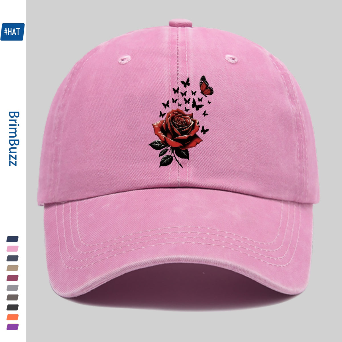 1pc Adjustable Trucker Sun Hat, Unisex, Vintage Washed Baseball Cap with Rose And Butterfly Print, Lightweight Outdoor Hat Suitable for Beach, Travel, Cycling, Party Gifts, Non-Elastic Strap Hat Suitable for Daily Casual Wear (Hand Washable)