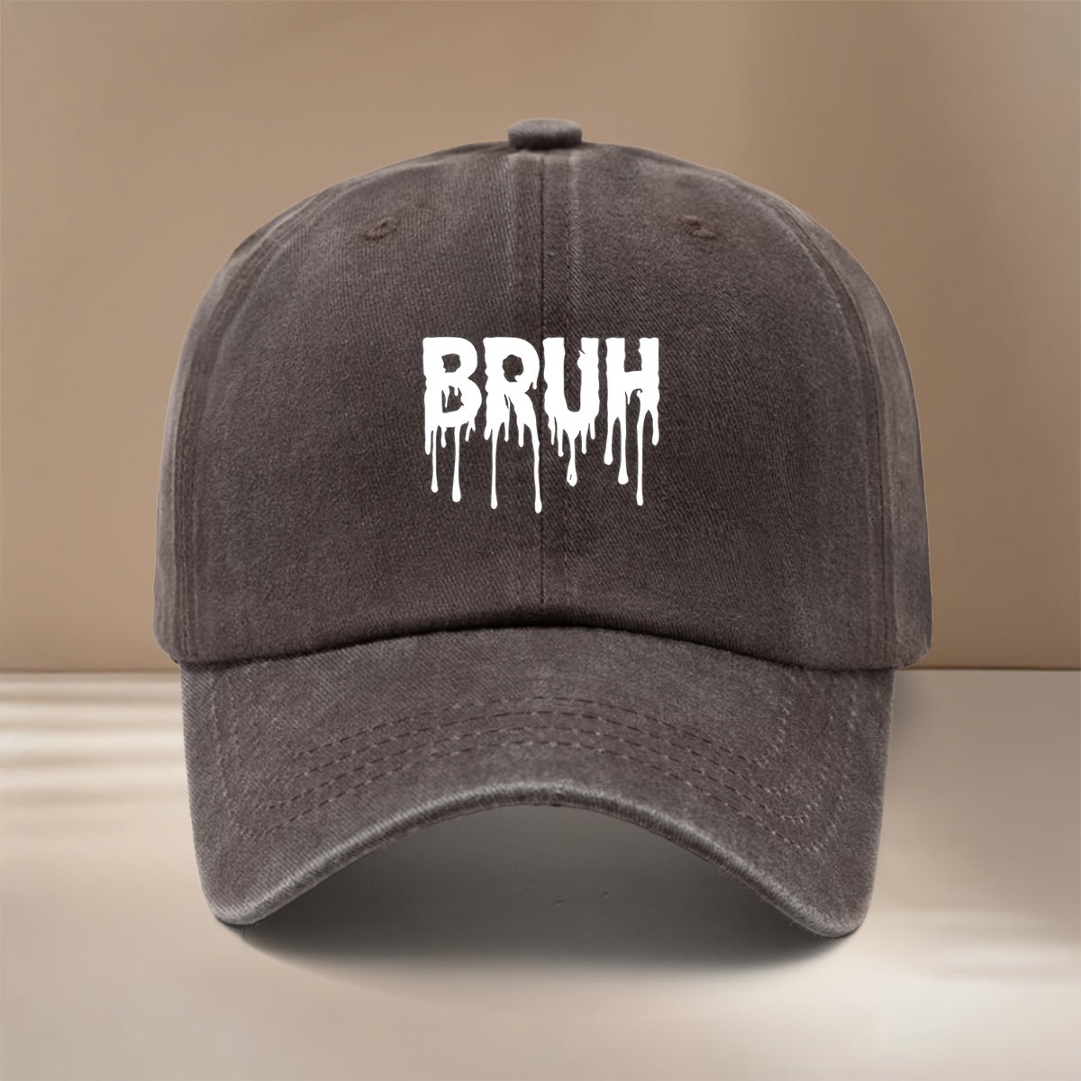 White "BRUH" Text Graphic Baseball Cap with Adjustable Size, Textured Hip-hop Style, Unisex Snapback Hat for Friends' Gatherings and Camping. Comfortable and Lightweight with a Curved Brim, This , Cool Six-panel Cap Features a Relaxed and Casual Fit.