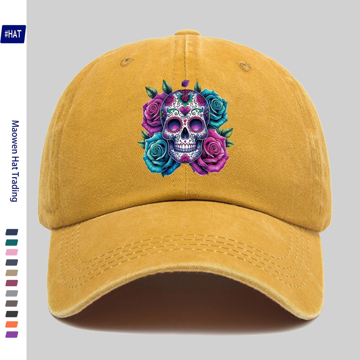 1pc Washed Baseball Cap, Festive Skull And Rose Pattern with Heat Transfer Design, New Halloween-Themed Autumn/Winter Distressed Baseball Cap, Unisex, Adjustable, Lightweight Outdoor Hat