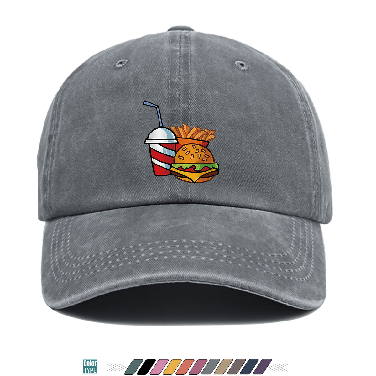 1pc Fast Food Theme Hamburger Fries Drink Print Baseball Cap, Fashion Trendy Sun Hat, Easy Personalized Design, Unisex Duckbill Cap, Adjustable Size, Street Style Hip-Hop Hat, Casual Sunshade Hat, Suitable for Shopping, Parties, Picnics, Travel