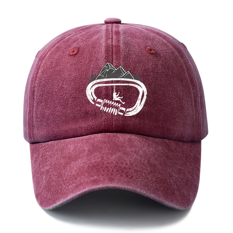 A Unisex Fashionable and Versatile Printed Rock Climbing Baseball Cap, Featuring a Classic Vintage Washed Outdoor Lightweight Curved Brim. Suitable for Casual Occasions Such as Outdoor Vacations, Travel, and Camping. Also Works as a Hip-hop Hat