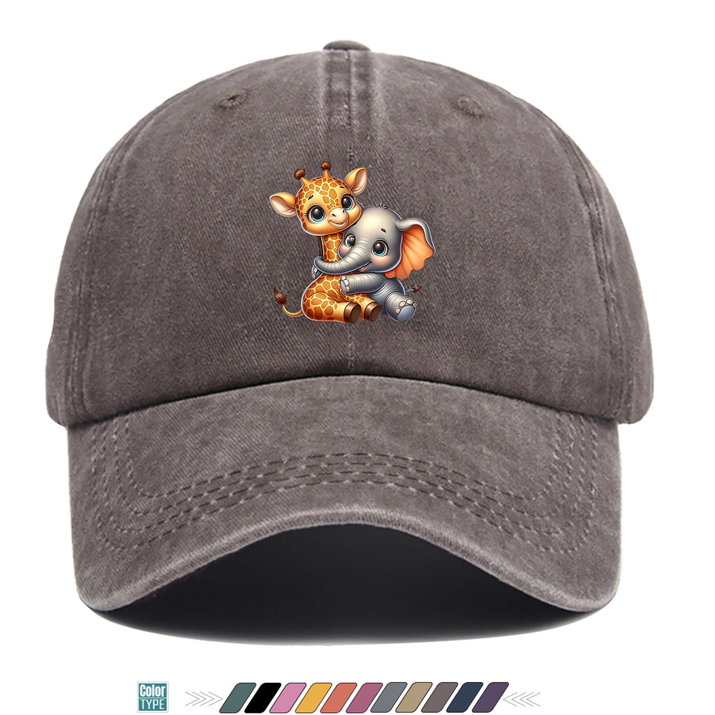 1pc Cartoon Giraffe and Baby Elephant Hugging Print Baseball Cap, Cute Animal Pattern Sun Hat, Stylish Casual Versatile Unisex Adjustable Snapback Cap, Outing Hat, Bestie Shopping Hat, Outdoor Picnic Hat, Amusement Park Hat, Birthday Holiday Gift