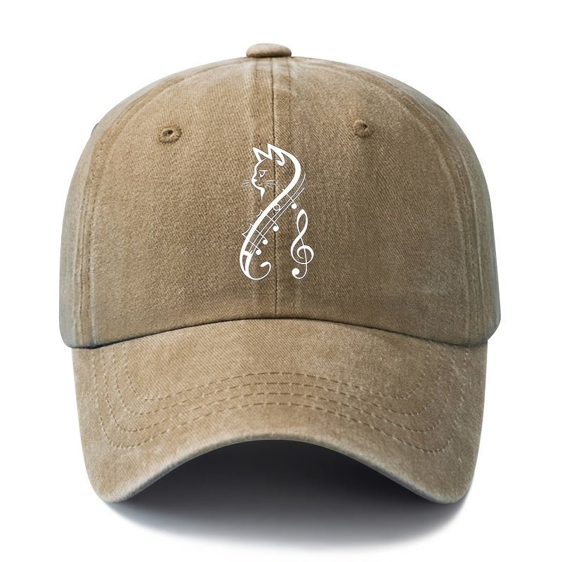 A Unisex Fashionable and Versatile Printed Cat and Musical Note Baseball Cap, Featuring a Classic Vintage Washed Lightweight Outdoor Curved Brim. This Trucker Baseball Cap Is Suitable for Casual Occasions Such as Outdoor Vacations