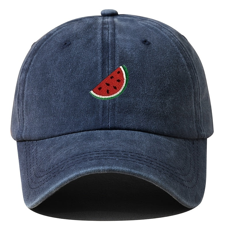 An Embroidered Baseball Cap with Curved Brim, Hip-hop Style, Fruit Embroidery, Vintage Washed, Unisex Outdoor Travel and Hiking Cap, Fishing Hat