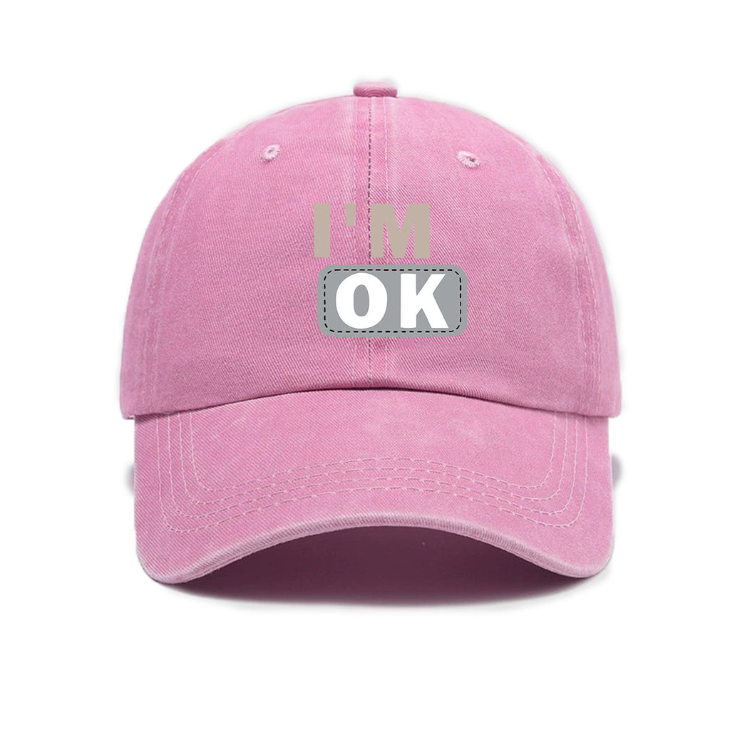 1 Washed Distressed Printed Baseball Cap for Adults, Simple "I'M OK" Letter Print, Washed Distressed Soft Top Sun Baseball Cap, Unisex Baseball Cap